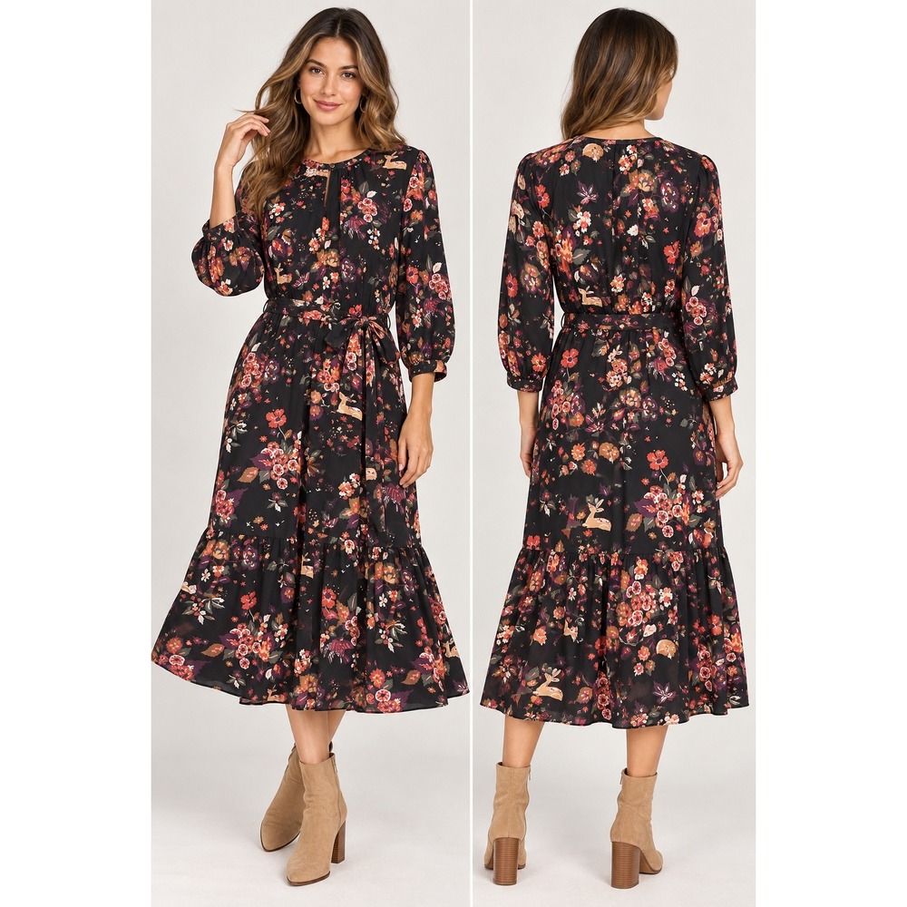 NWT J McLaughlin Cerina Dress XL Forest Reverie Black Floral Midi Belted Fall